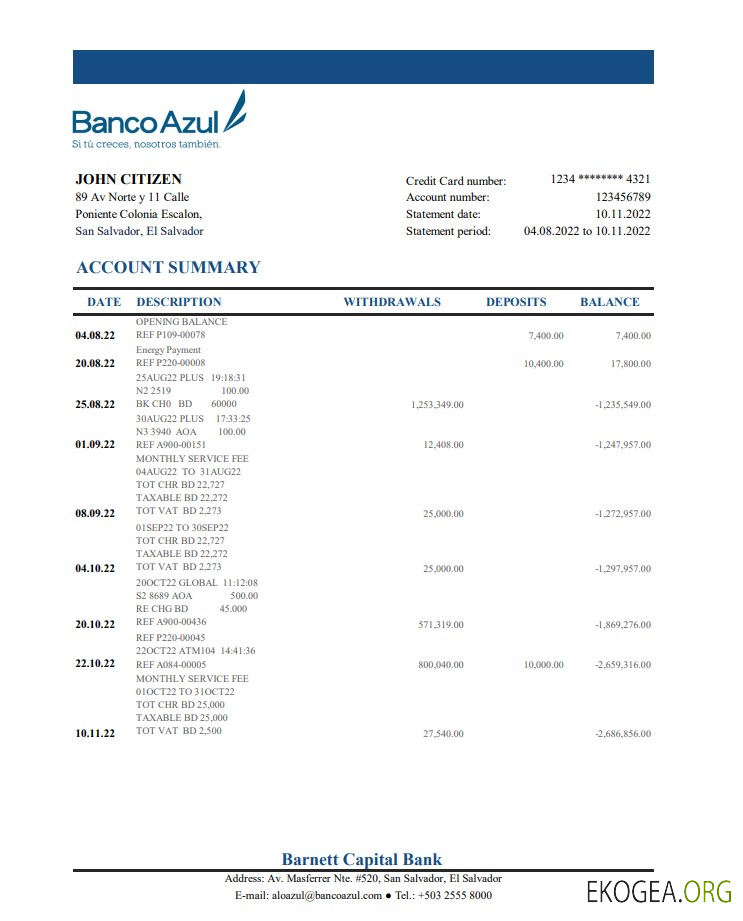 Relevé bancaire Salvador Banco Azul xls
